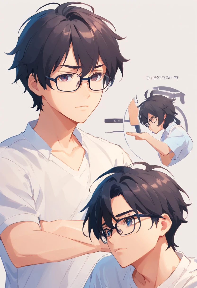 Man with black hair, wears glasses, , CharacterDesignSheet, diferentes poses, Different angles, in a white shirt,CharacterDesignSheet, diferentes poses, Different angles, with a simple background