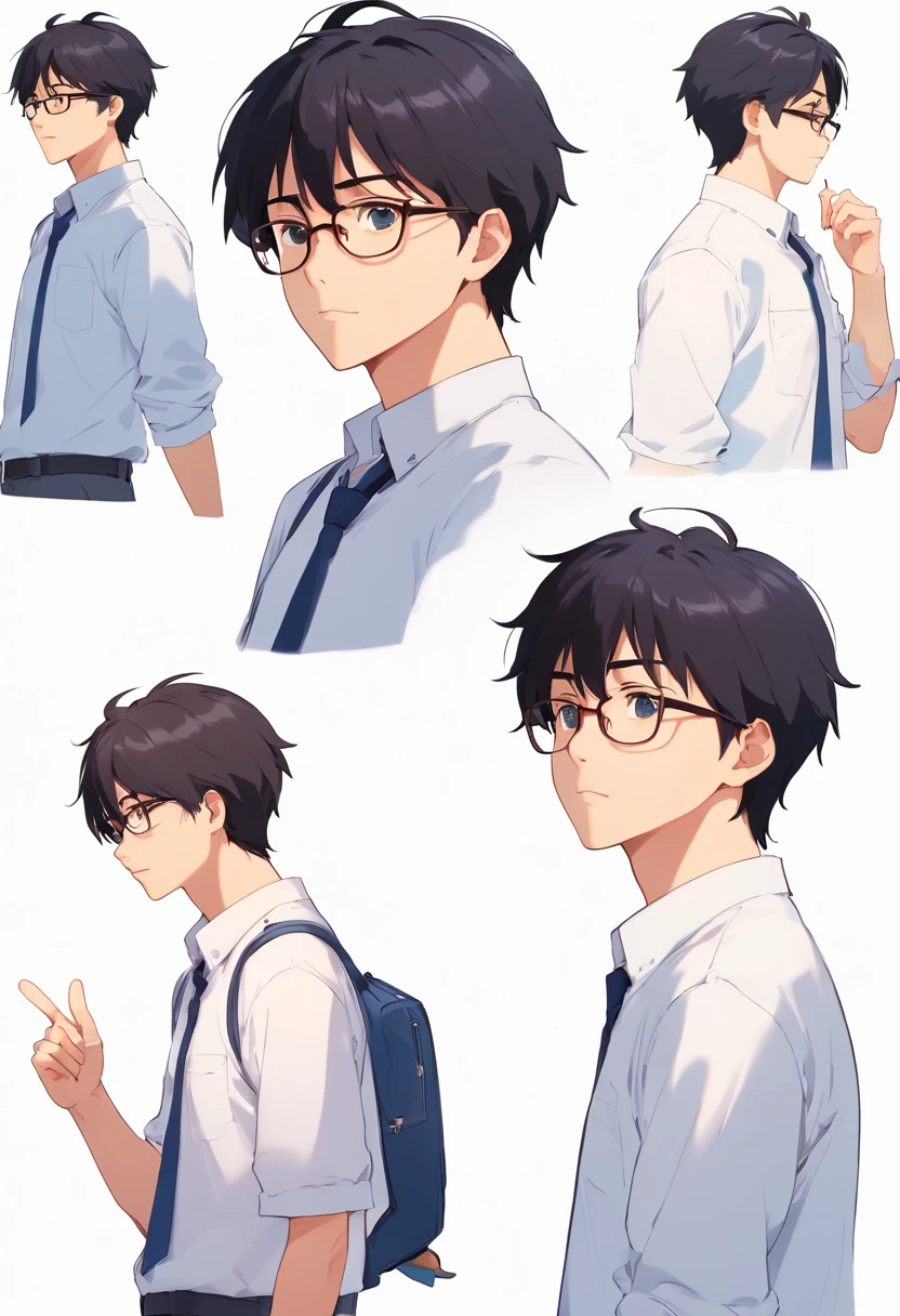 Man with black hair, wears glasses, , CharacterDesignSheet, diferentes poses, Different angles, in a white shirt,CharacterDesignSheet, diferentes poses, Different angles, with a simple background