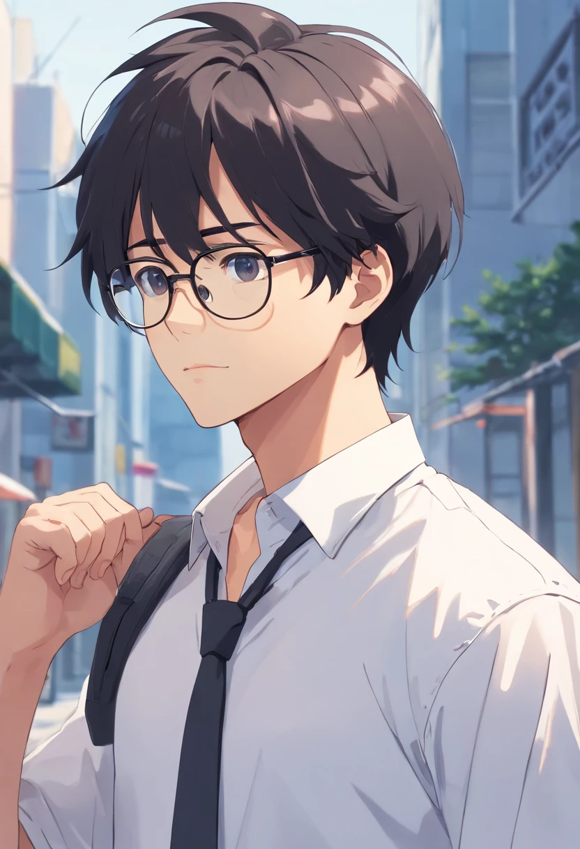 Man with black hair, wears glasses, , CharacterDesignSheet, diferentes poses, Different angles, in a white shirt,CharacterDesignSheet, diferentes poses, Different angles, with a simple background