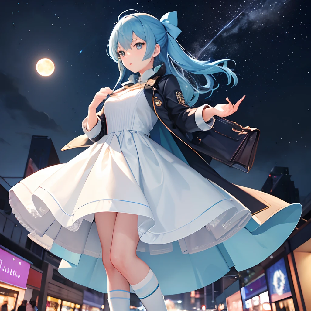 {{{{{masutepiece,Best Quality,ultra-detailliert}}}}},Beautiful woman in flight jacket and ruffled light blue georgette dress、Stand in the mall with a Hermes Kelly bag. She wears knee-high socks and、、The night sky is shining with the moon and stars. Images must be of the highest quality、Must be a masterpiece.