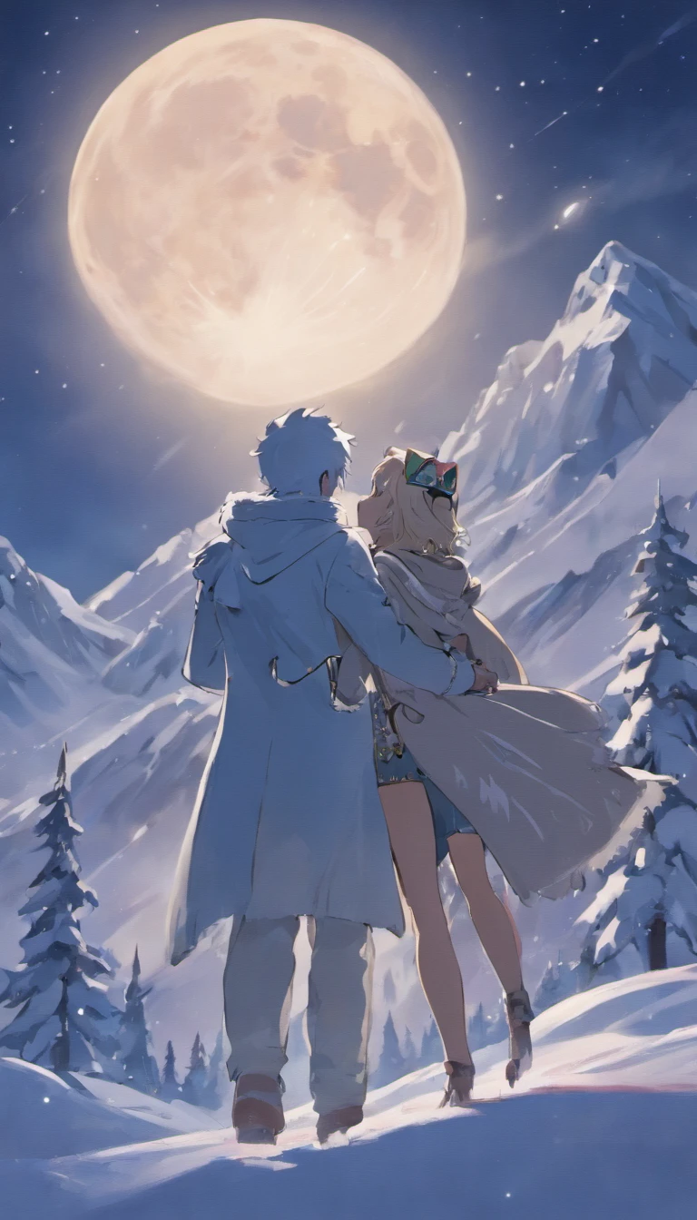 Snowy mountains in the distance, The wolf and the queen stand together,super moon, Nit resonates, with aurora in the sky, There is a lake in the middle, 4K, Cinematic