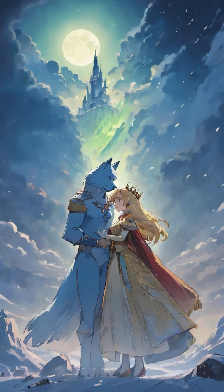 Snowy mountains in the distance, The wolf and the queen stand together，super moon, Nit resonates, with aurora in the sky, There is a lake in the middle, 4K, Cinematic