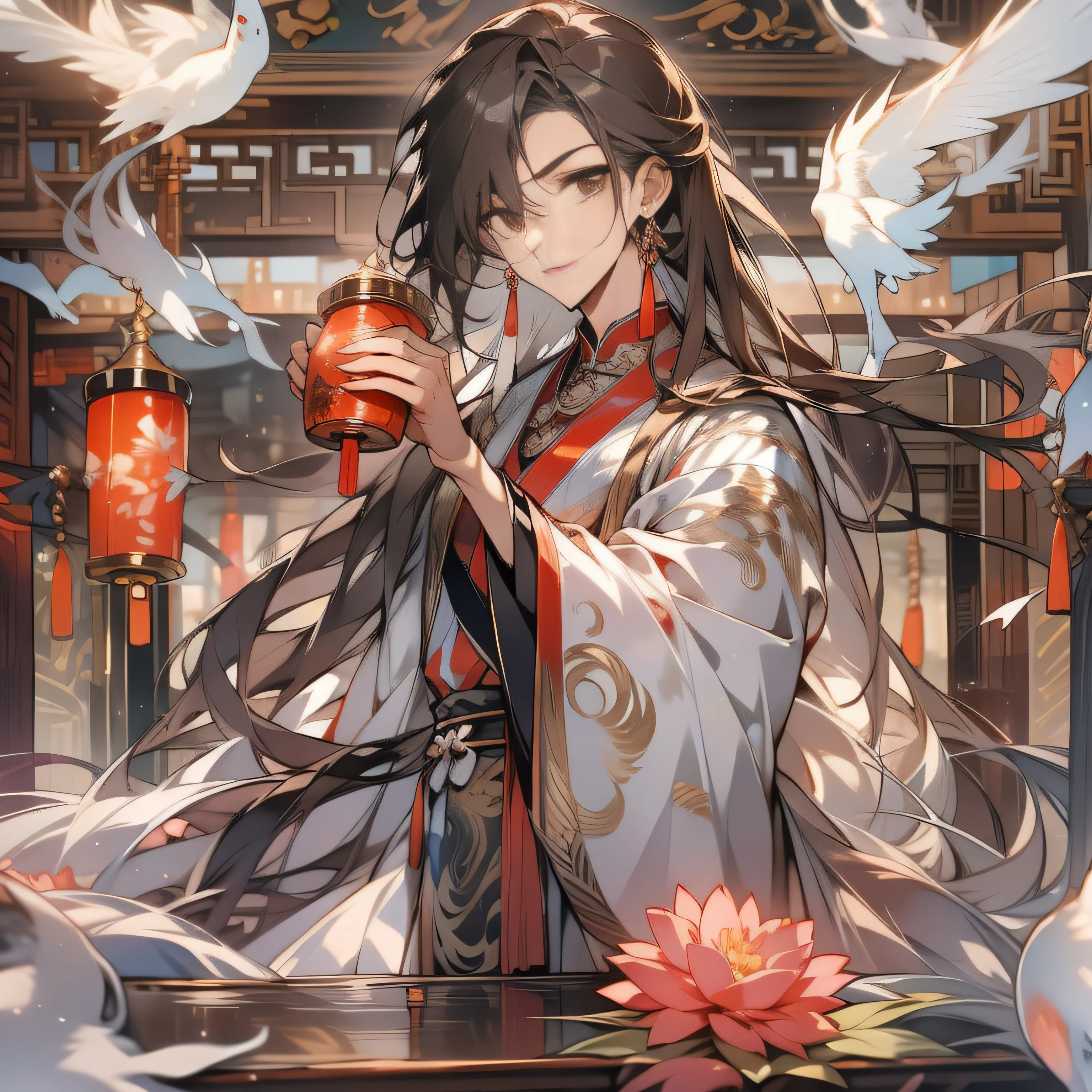 long hair flowing，surrounded by cloud，Adult male，butterflys, male people, Dark brown hair,Chinese antique chandelier，gray pupil，peony flower ，Flowing sleeves，Brown hair, Red and white antique clothes, view the viewer, Inside the inn, Antique inn,Chinese ancient style，tables and chairs, Large stage, sitted, full bodyesbian,Antique satin, sitted