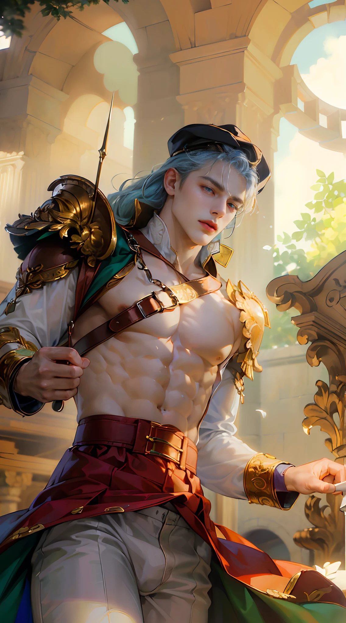 (((Ultra detailed, high quality: 1.5, Ultra HD 8k photo, Soft photo)))(absurd, A high resolution, Super detailed, hdr), Masterpiece, Best quality , Portrait of a guy, Handsome guy with red eyes, Detailed face, Professional photo, (Shirtless man), Leaning comfortably, exposed legs, (puffy  (From below) :1.1)), Focus on your audience,20 year old guy, Handsome guy, [Toned body],Transparent white shirt,Abs,chest muscles,((white underwear : 1)), puffy, white shoes, long hair, light blue hair, (Blue eyes), hat, (Church, Green field, Flowers, Trees, Sky, Light, Clouds, (((6-pack body: 2,0)))