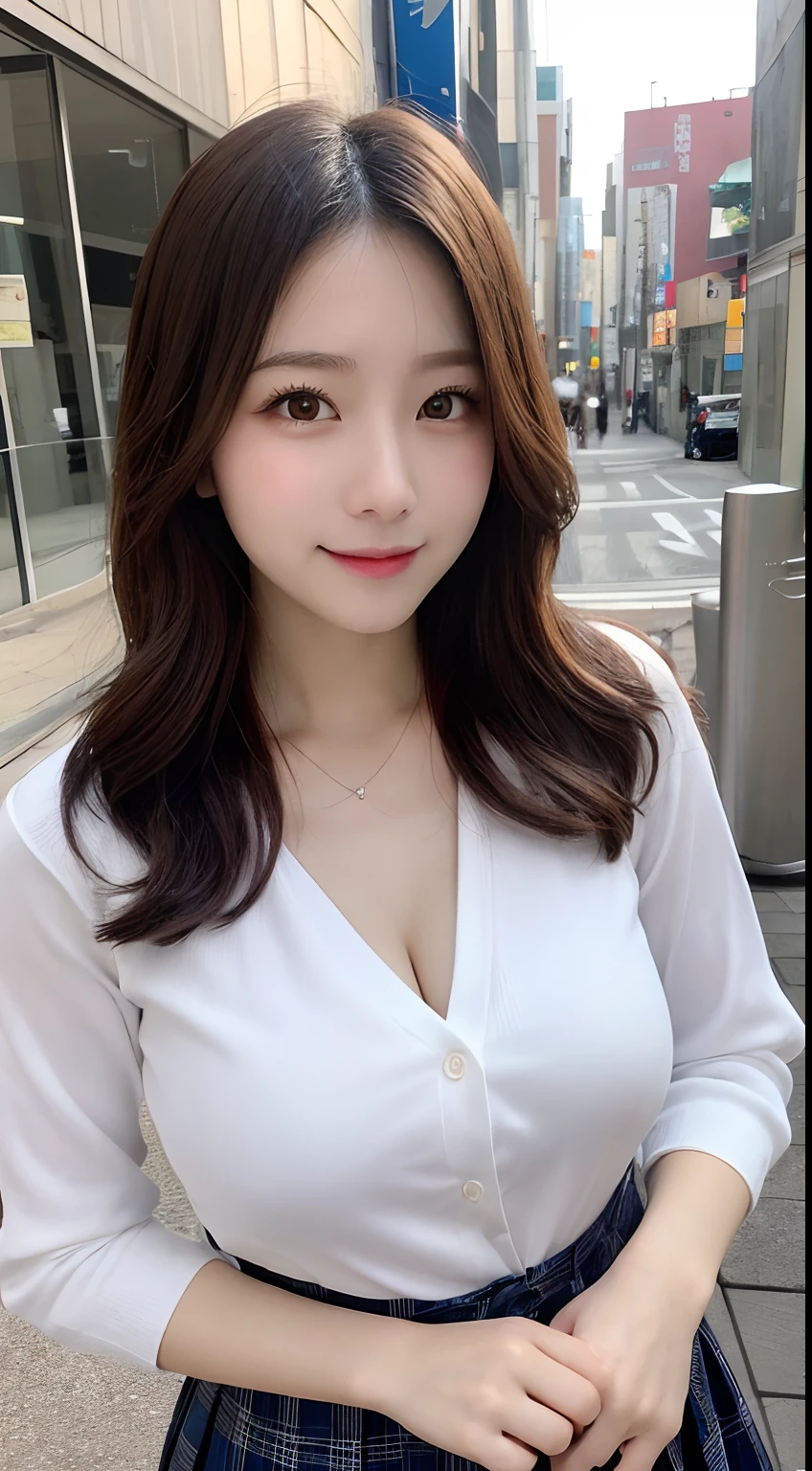 校服, Best Quality, Ultra-detailed, finely detail, hight resolution, 8K Wallpaper, Perfect dynamic composition, Beautiful detailed eyes, doress,Medium Hair, Big breasts, Natural Color Lip, Random and sexy poses,Smile,Aoyama Street Walk、A 24-year-old girl