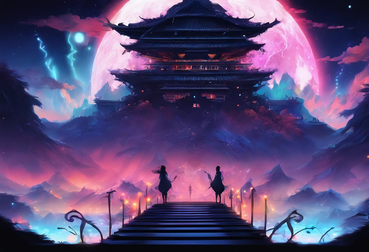 (Tang Feng),(A cliff illuminated by a huge moon),Dark blue fluorescence,(Taolin),(mirror lake),Ultra-long-range viewing angle,Late night background,Quiet
