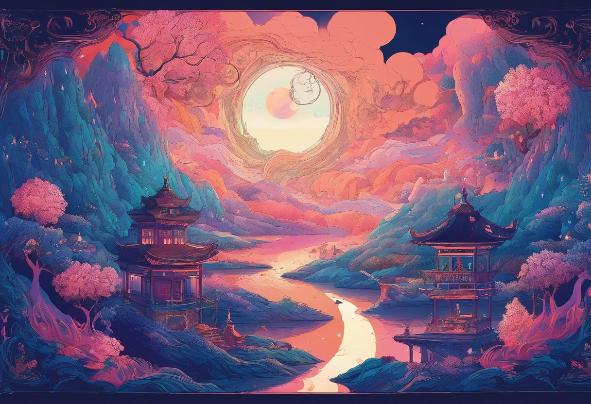 (Tang Feng),(A cliff illuminated by a huge moon),Dark blue fluorescence,(Taolin),(mirror lake),Ultra-long-range viewing angle,Late night background,Quiet