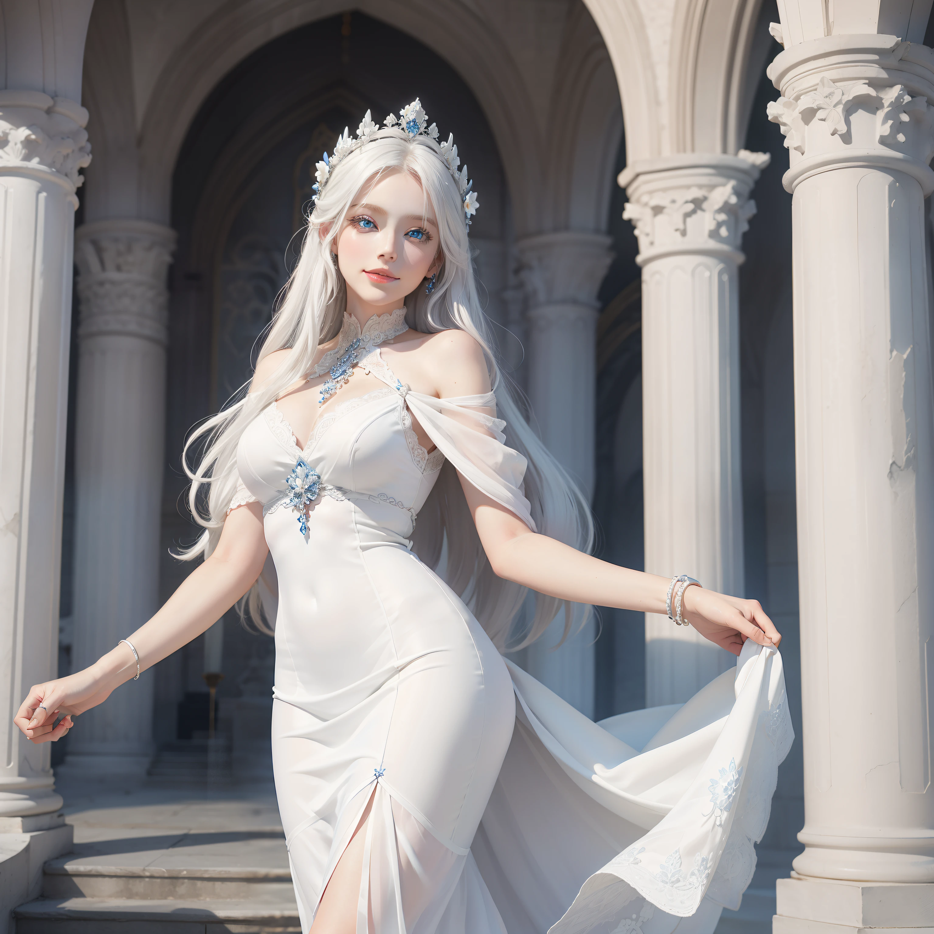 a beauty girl　　Colossal tits　White hair　Luxurious dresses　dame　younger sister　eleonora　　jewely　long  skirt　veils　a flag　Maid Smile　Flower bouquet　Pedras preciosas　treasures　Luxurious necklace