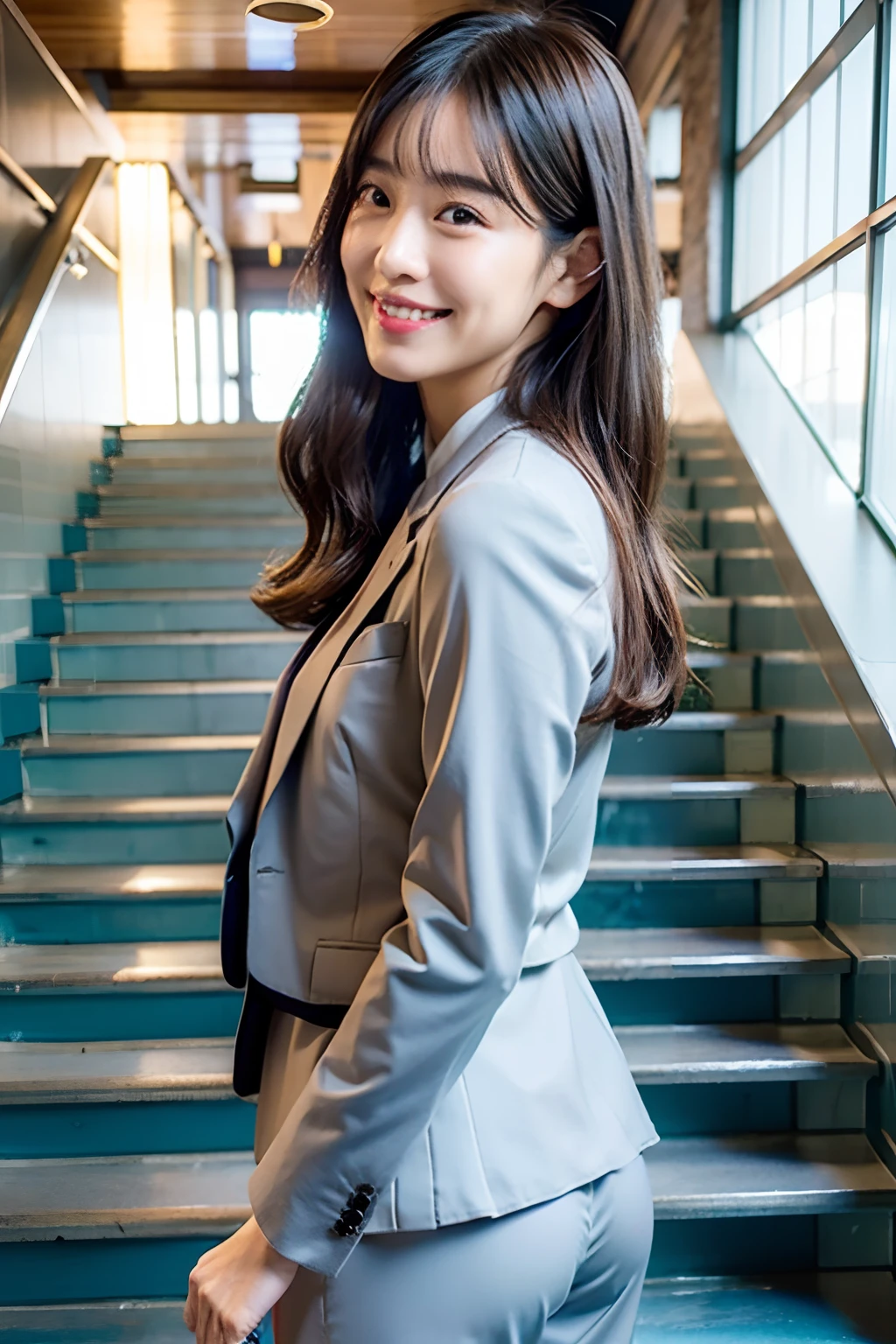 top-quality、超A high resolution、(Photorealsitic:1.4)、1人、Gray pantsuit、stairway、turned around、smil、sexy buttocks