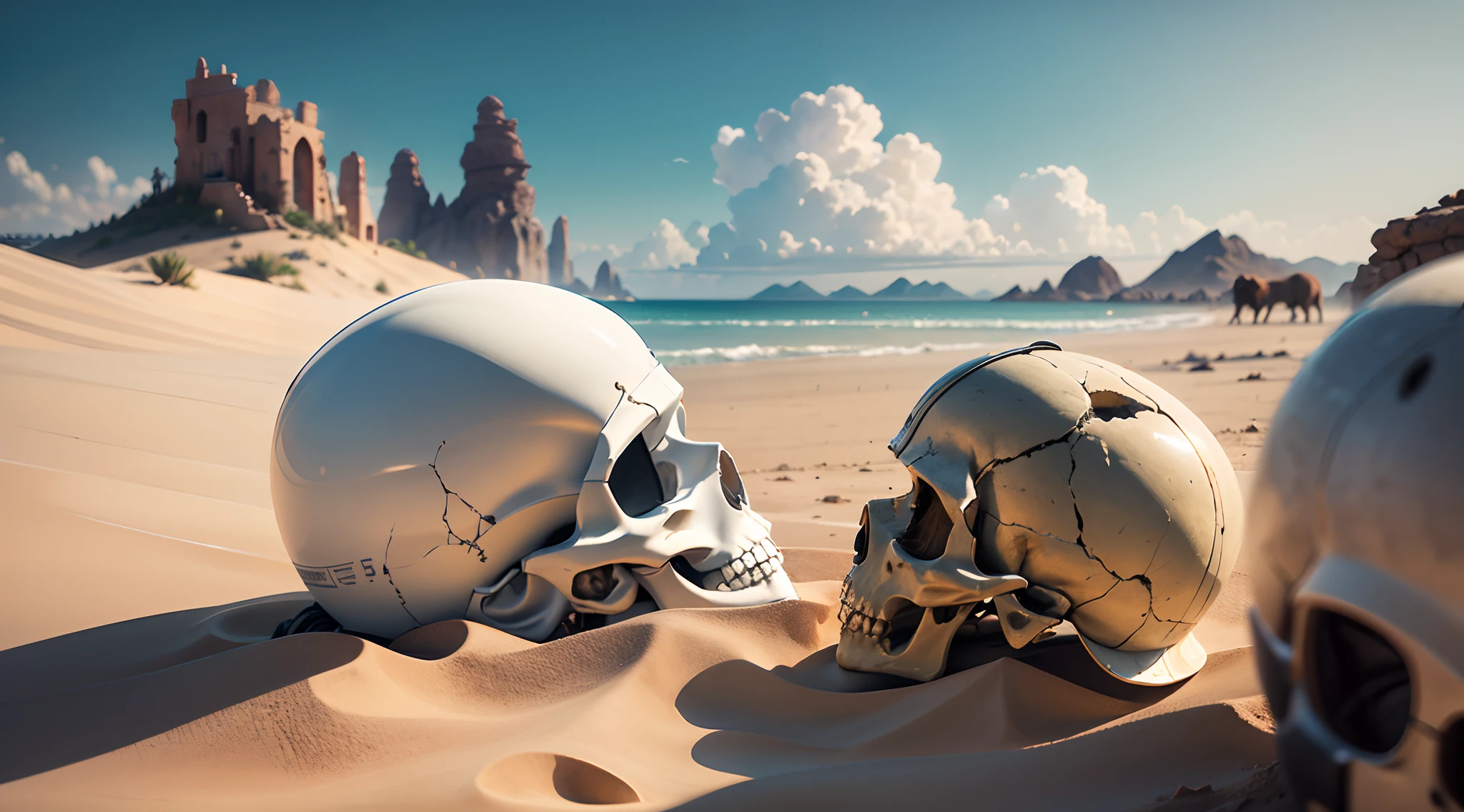 Desert island, Human skull in the foreground, animal skeletons scattered on the sand, os d'animaux, skull, sable, aucune vie, aucune humain. Sol bruler, ciel chaotique et sombre de nuage d'orage, . vue d'ensemble (Best quality, 6k, high resolucion, master piece:1.2), Ultra-detailed, Realstic:1.37, Hdr, couleurs vives, mise au point nette, professionnel, paysage, Bokeh.