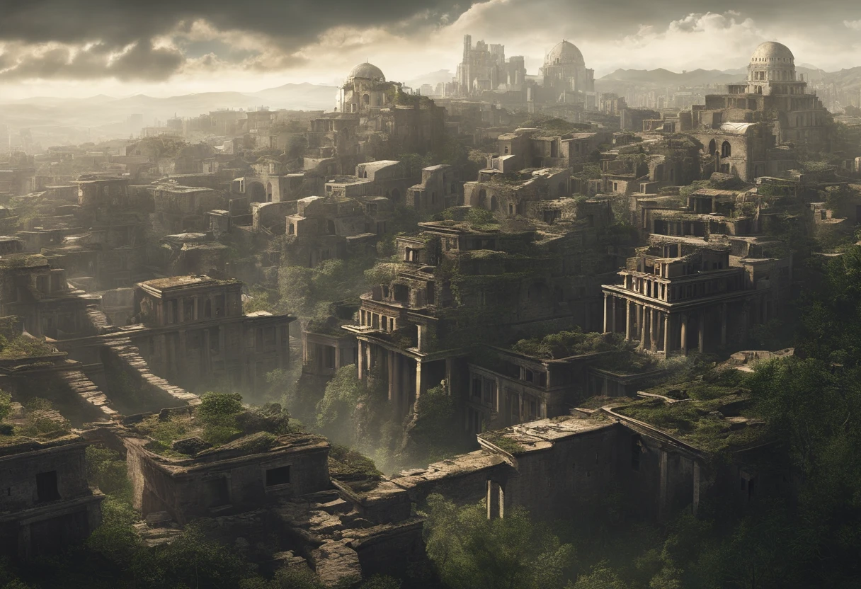 floating Ruined decaying cities and earth in the sky, where once a thriving city was formed, But buildings made of stone and wood have deteriorated and are dominated by the life force of plants and trees. Collapsed and collapsed buildings, Telhado colapsado, ancient ruins, desabitado, A paradise for birds, Fontes artificiais, Aerial view from a distance:2, Sky angles:1.7, Mundos de fantasia,