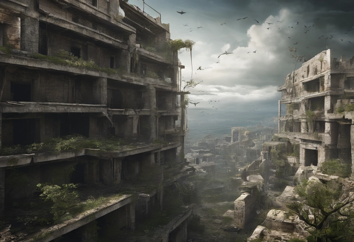 floating Ruined decaying cities and earth in the sky, where once a thriving city was formed, But buildings made of stone and wood have deteriorated and are dominated by the life force of plants and trees. Collapsed and collapsed buildings, Telhado colapsado, ancient ruins, desabitado, A paradise for birds, Fontes artificiais, Aerial view from a distance:2, Sky angles:1.7, Mundos de fantasia,