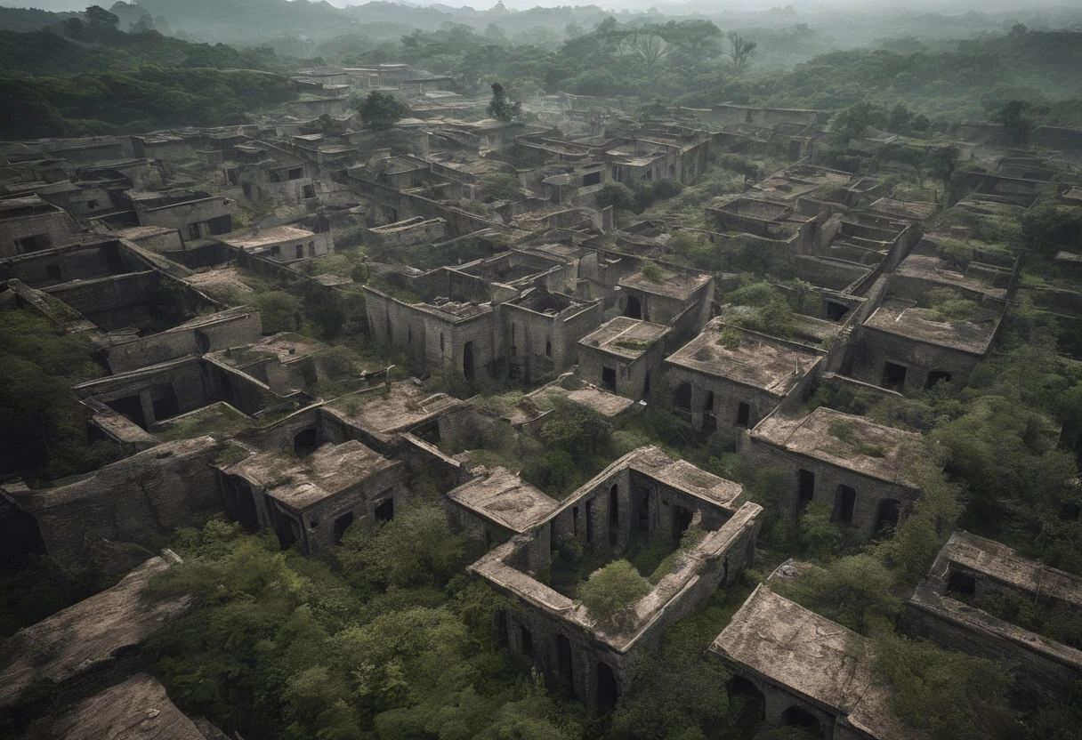 floating Ruined decaying cities and earth in the sky, where once a thriving city was formed, But buildings made of stone and wood have deteriorated and are dominated by the life force of plants and trees. Collapsed and collapsed buildings, Telhado colapsado, ancient ruins, desabitado, A paradise for birds, Fontes artificiais, Aerial view from a distance:2, Sky angles:1.7, Mundos de fantasia,