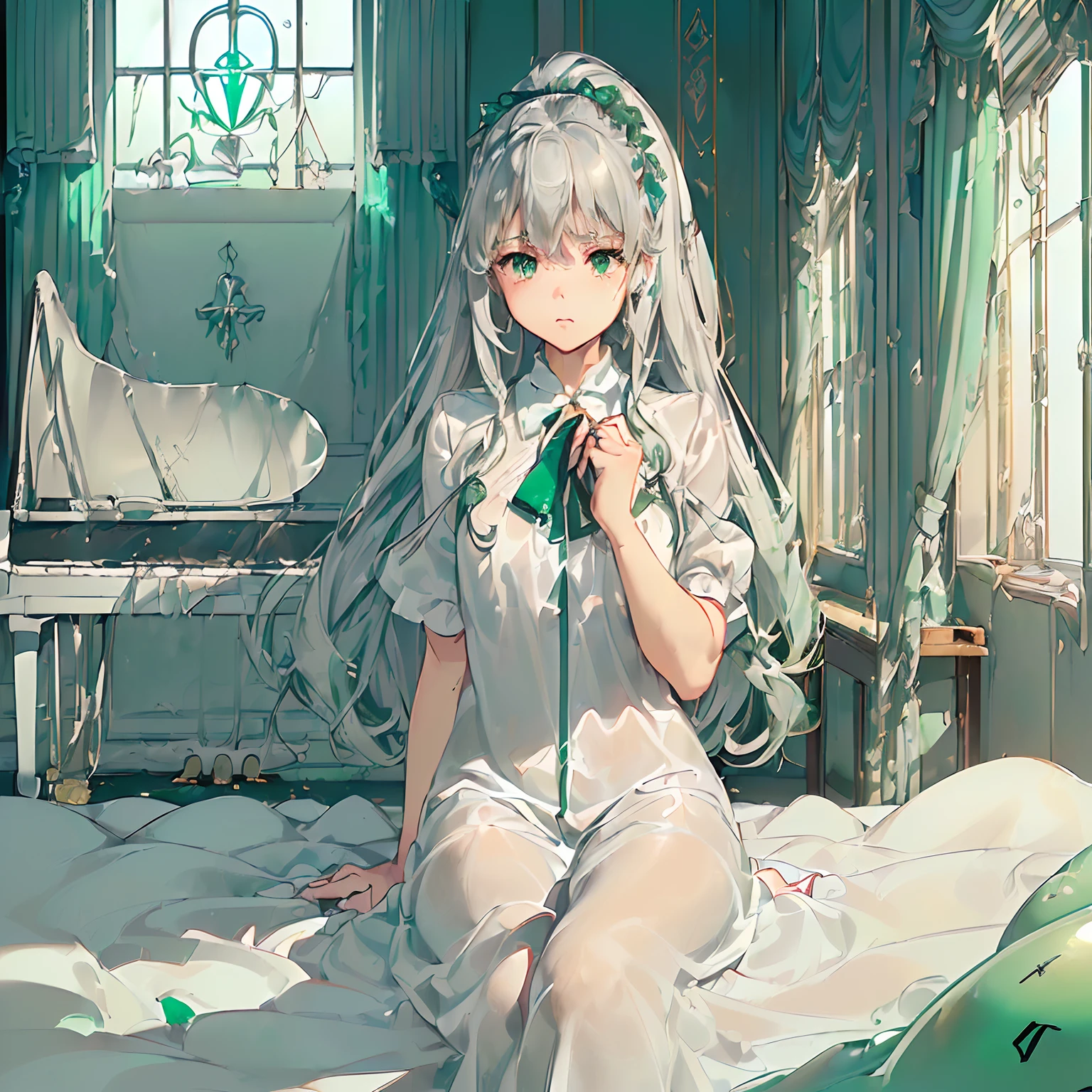 masterpiece、top-quality、High-quality images、8K、 ((Background with、Accurate perspective、line-drawing、Contour extraction、colourfull、Moderate shading、Medium omission:1.3)) ((Ana's Bedroom、Stylish bay window with sea view、Very bright lighting、On the wall4Photo、a bed、typical:1.3))((Music room at home with sea view、Piano instruction、lesson、Started training world-class pianists:1.2))announcer((anastasia、Graduated from the piano department of the College of Music、Piano Teacher、The goal is to train famous pianists、Good friends with students、Has the ability to manipulate the darkness of the mind at will、Have the ability to hear Leos' voices、When Leo is not present, You can sleep whenever you want.、pure、with light glowing、Little crybaby、Semi-long silver hair、Emerald green eyes、Slimed、Balanced proportions、Fashionable clothes selected in the costume room、Room makeover、lecture、Leo Advocacy:1.4))、 I am Leo、I'll come later because I'm busy、bye-bye