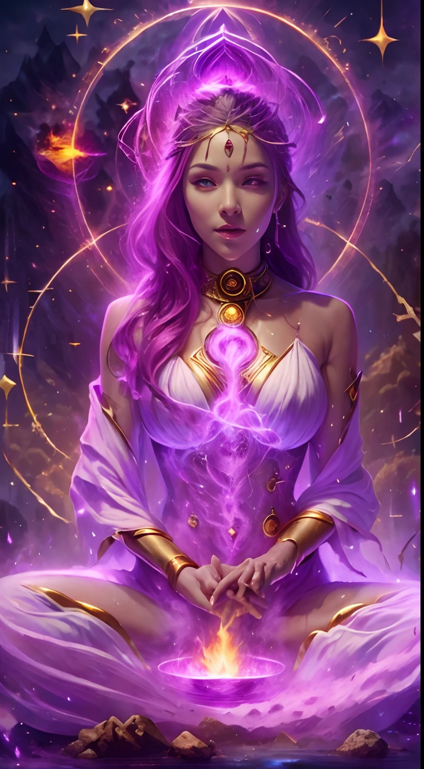 Immortal goddess, super beautiful, 8k, super big breasts, meditating, light white cloth covering part of her body, sitting cross-legged, golden glowing magic circle rotating behind her, magical magenta aura surrounding her parts, magical magenta flame, fantasy, milky way background, (4 elements, fire, water, wind, earth, surround it),