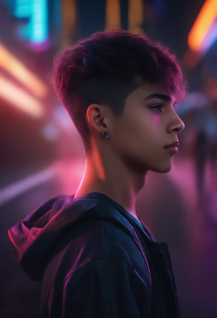 A boy with cyberpunk-style background, realistic, 8k quality, detailed facial features, vibrant colors, neon lights, futuristic cityscape, holographic