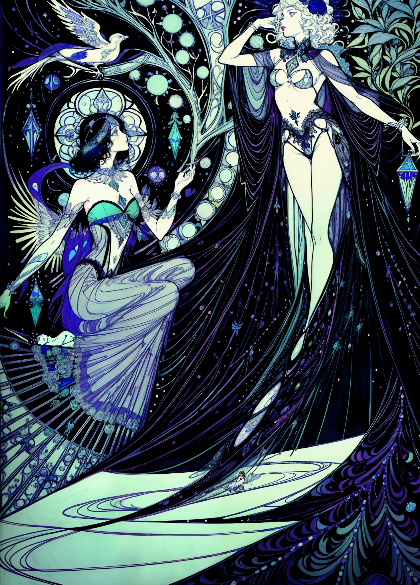 there is a drawing of a woman and a bird on a black background, harry clarke artwork, by Harry Clarke, inspired by Harry Clarke, beardsley, kay nielsen and wadim kashin, inspired by Kay Nielsen, style of carlos schwabe, oz, right side composition, arthur rackham and milo manara, by Aubrey Beardsley, marjorie cameron
