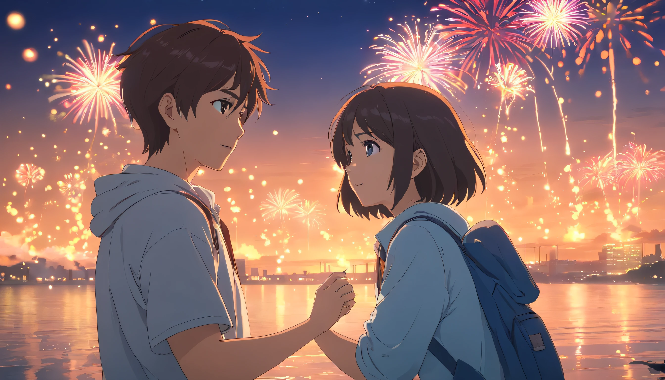 the night,Colorful,Fireworks all over the sky,Heart-shaped bubbles,Child couples,Cartoony,Chubby little girl and little boy hugging each other,Glowing fireflies around,,Cute and cute,KIDS ILLUSTRATION,Glow effects,Dingdall effect,depth of fields,high light,Real light,Ray traching,oc rendered,Hyper-realistic,best qualtiy,8K,Works of masters,super-fine,Detailed pubic hair,Correct anatomy,sharp focus on eyes,The facial structure is reasonable,Facial features are carefully depicted