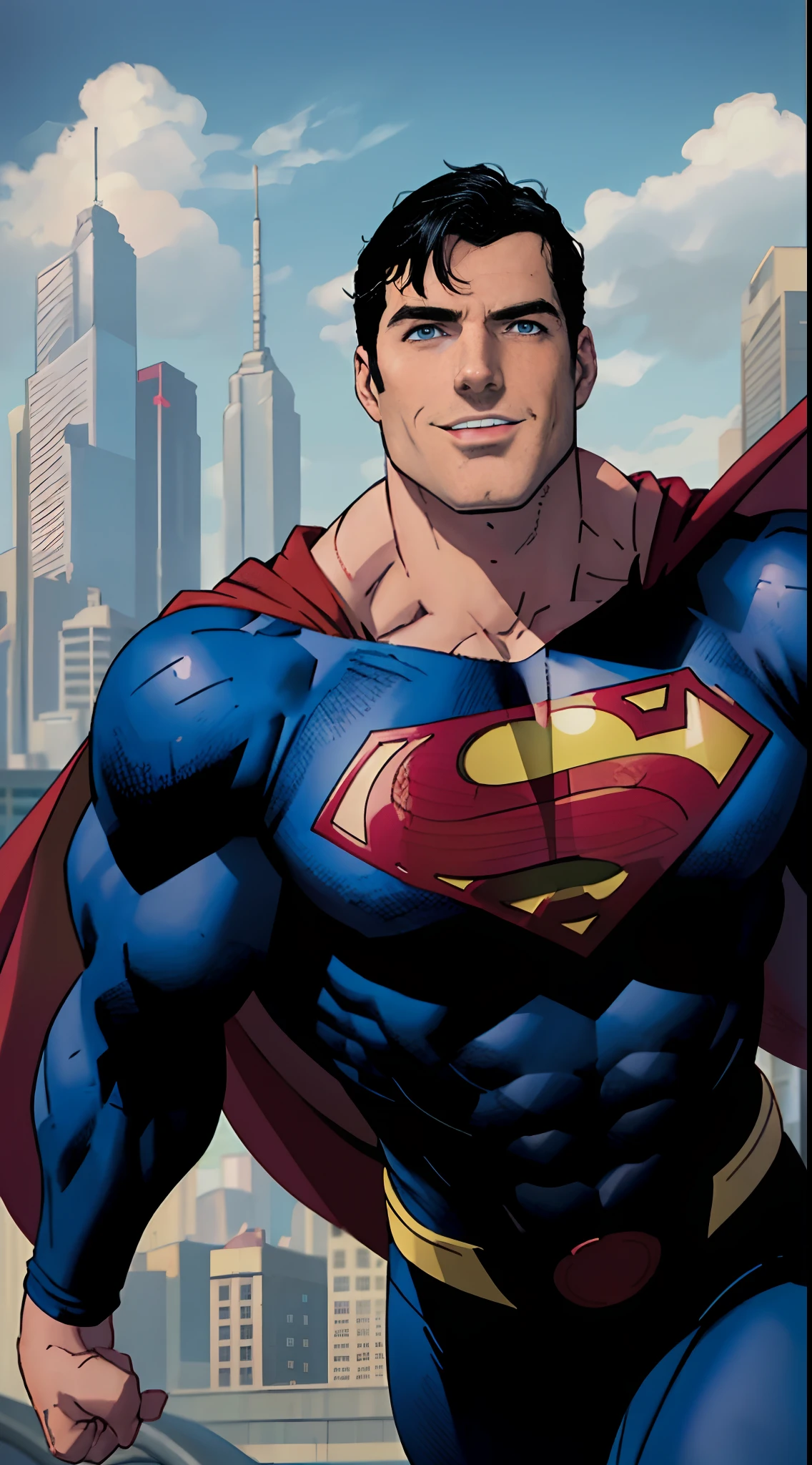 1boy, superman, abs, bara, black hair, black bodysuit, blue eyes, bodysuit, cape, closed mouth, levitating in the air, large pectorals, male focus, muscular, muscular male, bright smile, pectoral lift, pectorals, red cape, short hair, outdoors, skyscrapers, solo, superhero, upper body shot , ((masterpiece))