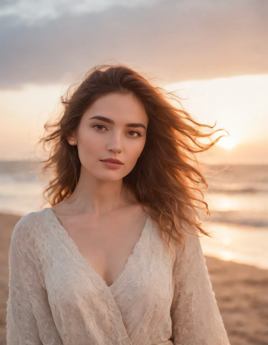 a woman takes a selfie on a beach at sunset, the wind blowing through her messy hair. The sea stretches out behind her, creating a stunning aesthetic and atmosphere ,35 mm lens, accent lighting, global illumination