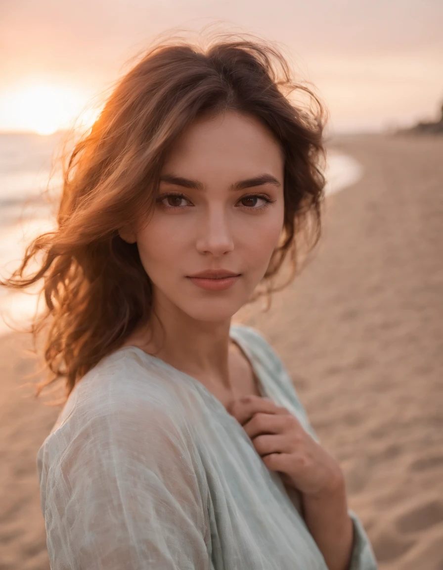 a woman takes a  selfie on a beach at sunset, the wind blowing through her messy hair. The sea stretches out behind her, creating a stunning aesthetic and atmosphere ，35 mm lens, accent lighting, global illumination