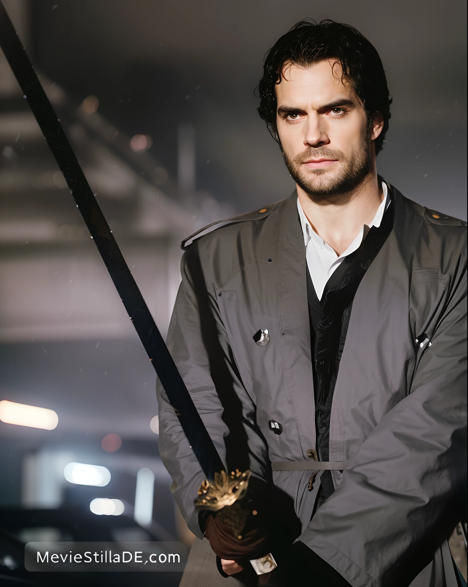There's a Henry Cavill man holding a samurai sword in a dark parking lot, Bladerrunner na chuva, como Samurai, com espada grande,