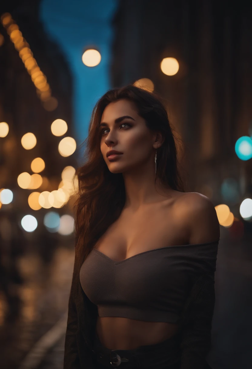 young woman, long black hair, caucasian face, brown eyes, city setting, height 1.75m, big-sized chest, photo realistic",big boobs, hot