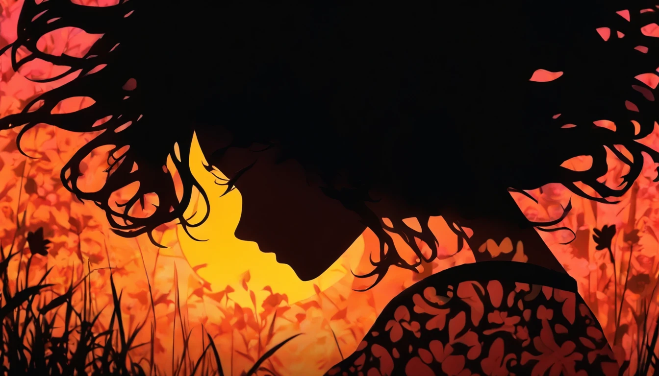 (Silhouette Art,cutouts:1.6)
(((Paper cutting art,A world where only black exists:1.3)

(Cowboy Shot),1 girl,Solo,
(Kimono Girl,profile:1.2),white, Clear and beautiful face,Sunrise behind

break
(morning glow、Viola　Green grass:6.1)
Textured glass background,Arcana World