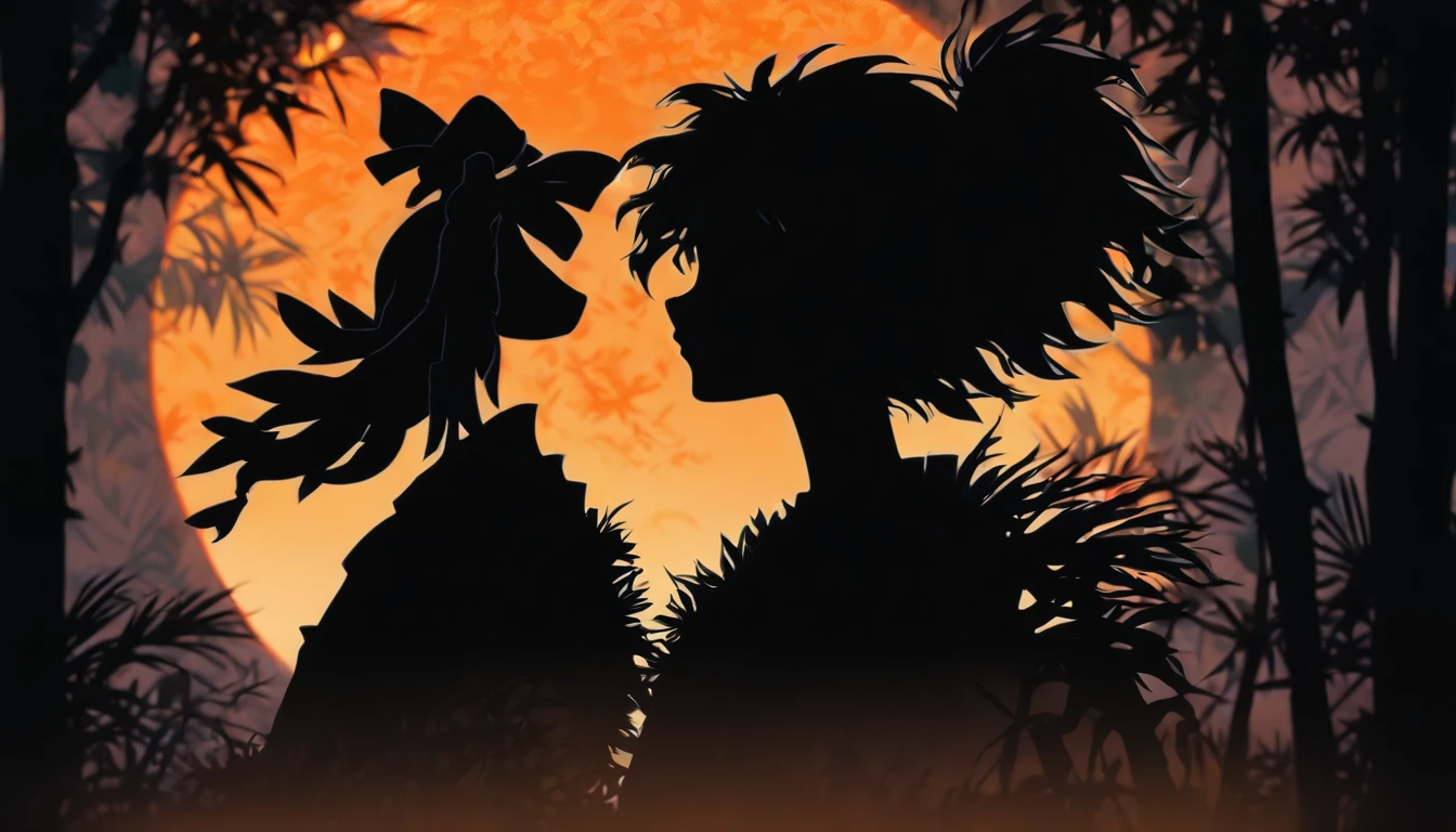 (Silhouette Art,cutouts:1.6)
(((Paper cutting art,A world where only black exists:1.3)

(Cowboy Shot),1 girl,Solo,
(Kimono Girl,profile:1.2),white, Clear and beautiful face,Sunrise behind

break
(morning glow、Viola　Green grass:6.1)
Textured glass background,Arcana World