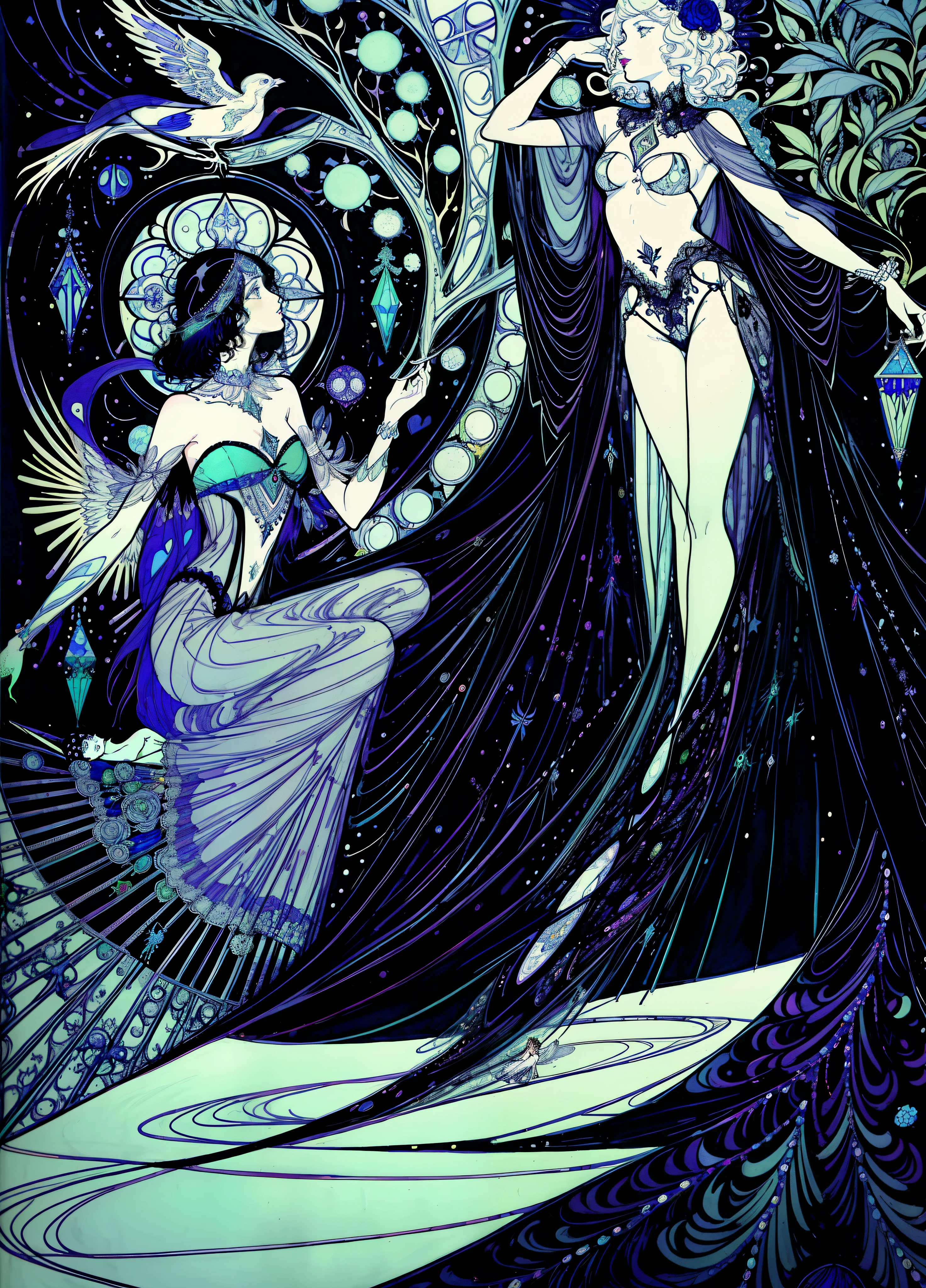 there is a drawing of a woman and a bird on a black background, harry clarke artwork, by Harry Clarke, inspired by Harry Clarke, beardsley, kay nielsen and wadim kashin, inspired by Kay Nielsen, style of carlos schwabe, oz, right side composition, arthur rackham and milo manara, by Aubrey Beardsley, marjorie cameron