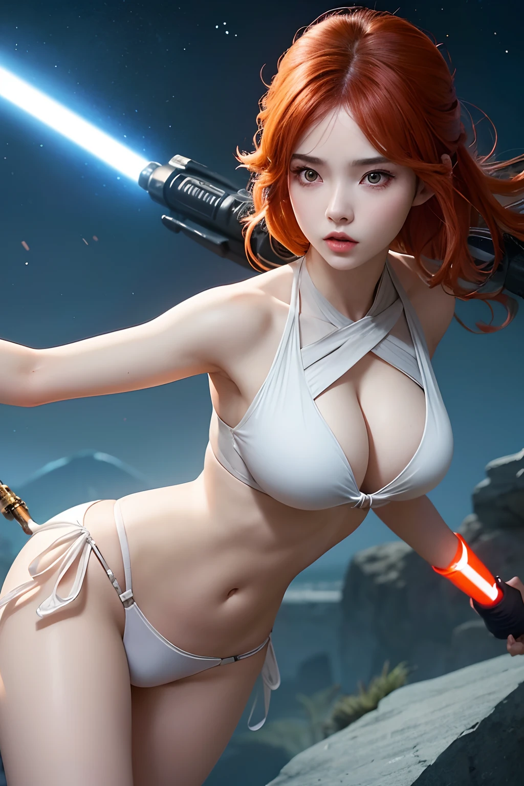 araffe star wars sexy woman with lightsabed sword in a bikini, amouranth, skywalker, better known as amouranth, female jedi, with lightsaber sword, amouranth as a super villain, holding lightsaber 4 k, with light-saber, star wars character, holding a lightsabre. splash art, rey, korean girl, beautiful young korean woman, korean woman, heonhwa choe , big breast, show breast, light orange hair