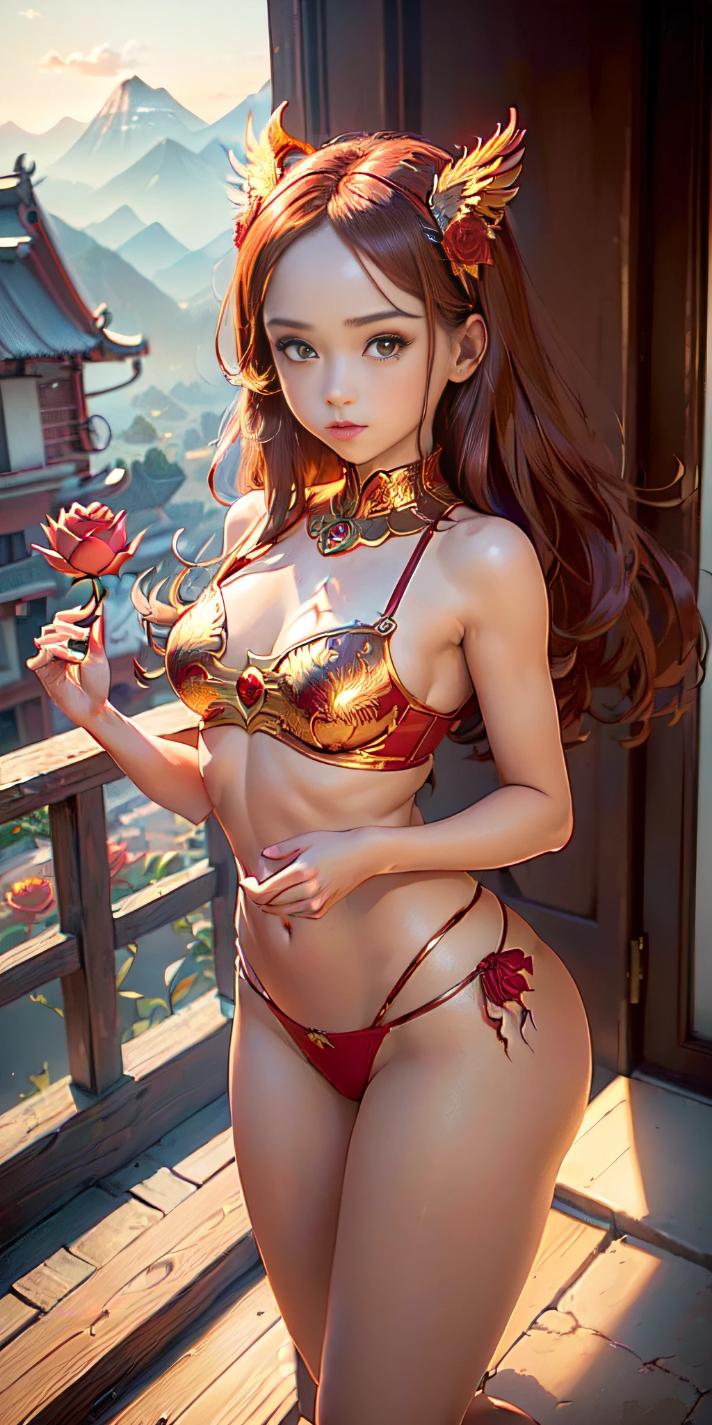 (((Masterpiece, Best quality: 1.2), A girl with phoenix wings standing in a ring of fire, Beautiful and symmetrical face, with bright red eyes, phoenix, Lotus flowers, red rose gold, golden mini underwear, Dawn from the mountain to the background, old porcelain buildings))