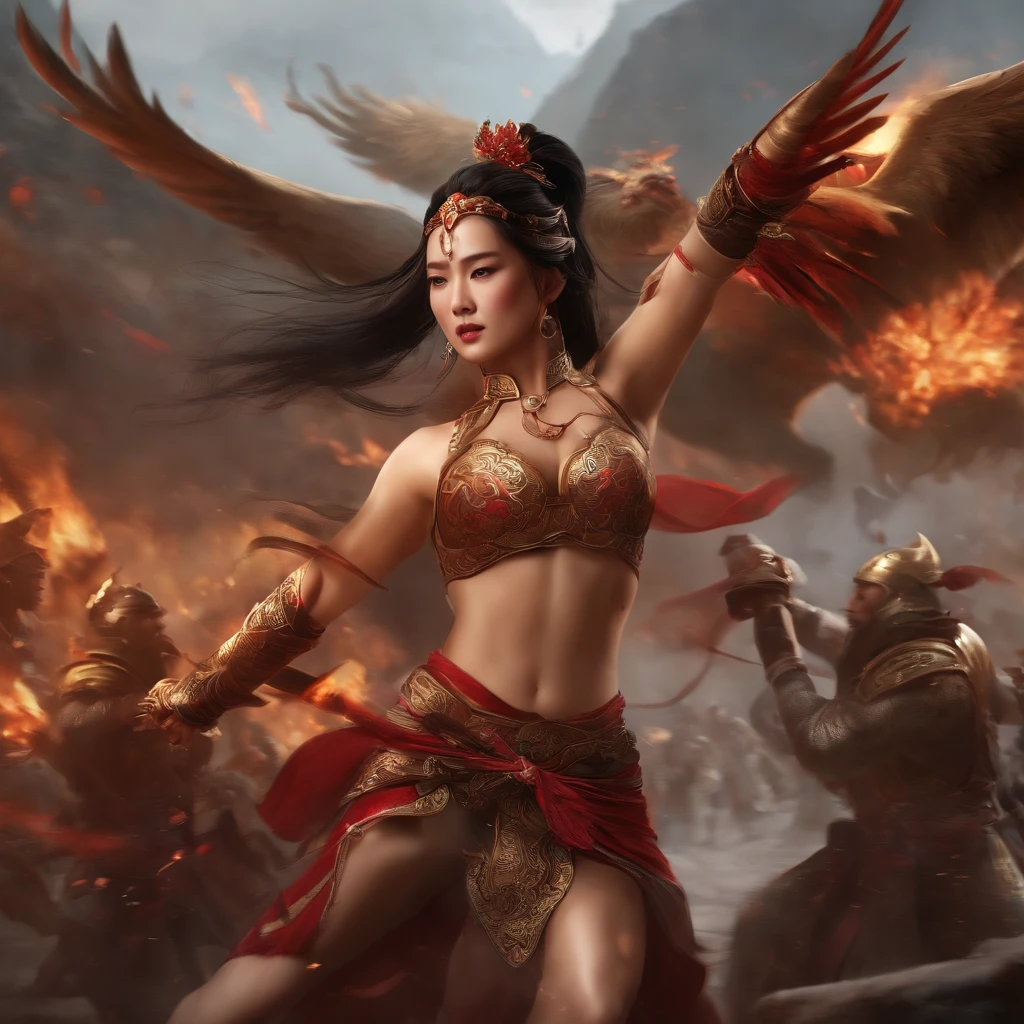 combat scene、Chinese big breasts、ancientry、three kingdom、ember、100 people、Faraway view、intense fighting、high-detail、masuter piece、NSFW