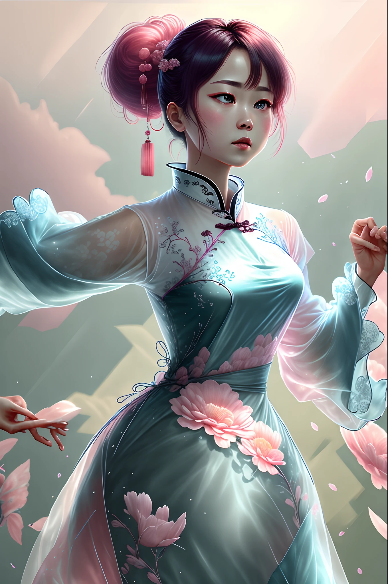 photo RAW, pink mesh (Black, dark red and neon pink : Portrait of 2 ghostly long tailed white koi, woman, shiny aura, highly detailed, gold and coral filigree, intricate motifs, organic tracery, Januz Miralles, Hikari Shimoda, glowing stardust by W. Zelmer, perfect composition, smooth, sharp focus, sparkling particles, lively coral reef background Realistic, realism, hd, 35mm photograph, 8k), masterpiece, award winning photography, natural light, perfect composition, high detail, hyper realistic