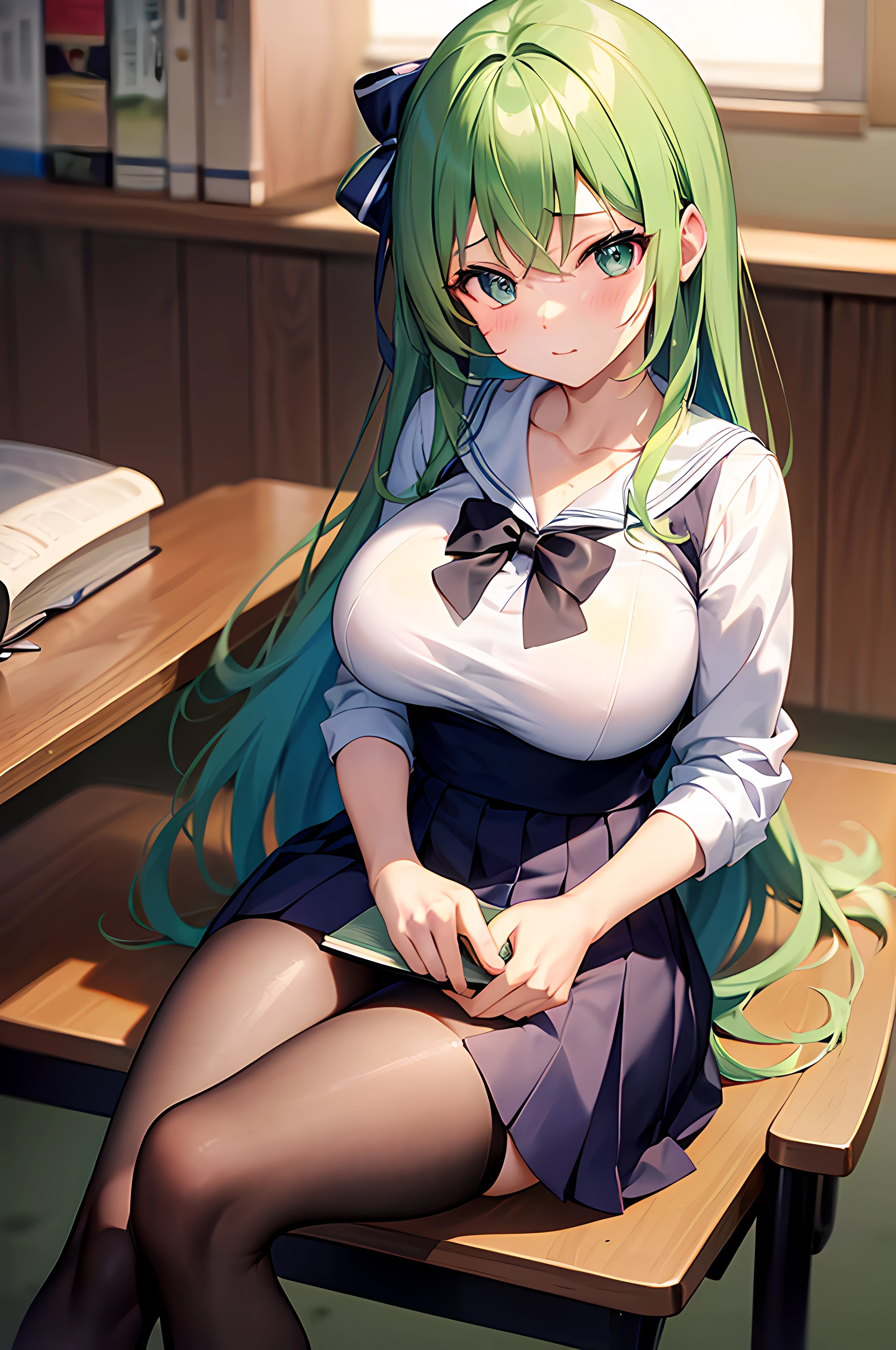 (masterpiece), best quality, expressive eyes, perfect face, anime girl with green shiny hair and school stockings sitting on a chair reading a book, seductive anime girl, medium_oppai, beautiful alluring anime woman, hajime yatate, female anime character, official anime still, beautiful alluring anime , anime best girl, attractive anime girl, in the school library, oppai proportions, wearing school uniform , 1 girl , seductive pose