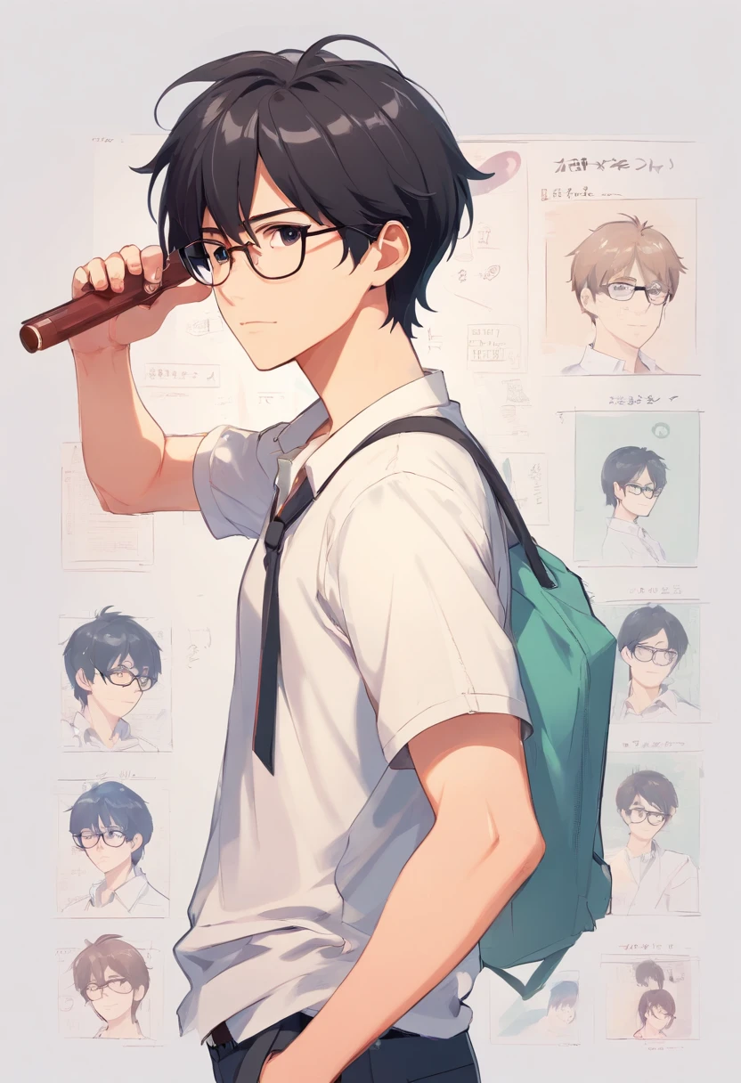 Man with black hair, wears glasses, ,Single, CharacterDesignSheet, diferentes poses, Different angles, in a white shirt,CharacterDesignSheet, diferentes poses, Different angles, Full body figures,with a simple background