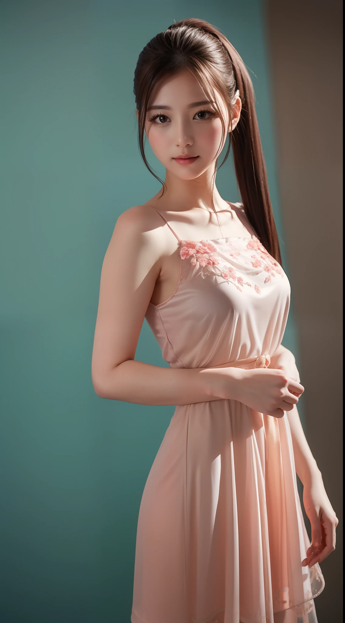 Floral pattern sheer Chinese gauze dress，Delicate depiction，Tai Chi elements，Motion capture，Optimal image quality，Pink double ponytail，Light blue eyes，Delicate light makeup，ultra HD wallpaper