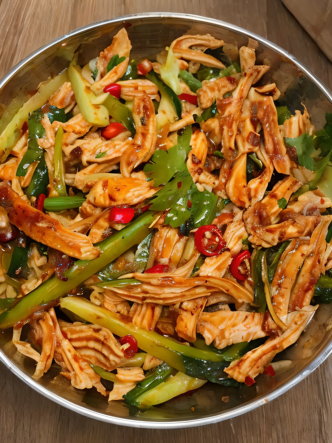 there is a bowl of food that is sitting on a table, sichuan, delicacy, ❤🔥🍄🌪, Yum, inspired by Choi Buk, recipe, wet shredded red meat, Chinese, wok, salmon khoshroo, in style of pan ren wei, Vivid red and green, Salad, author:Scott Samuel Summers, Spicy, Cooked, Ready to eat