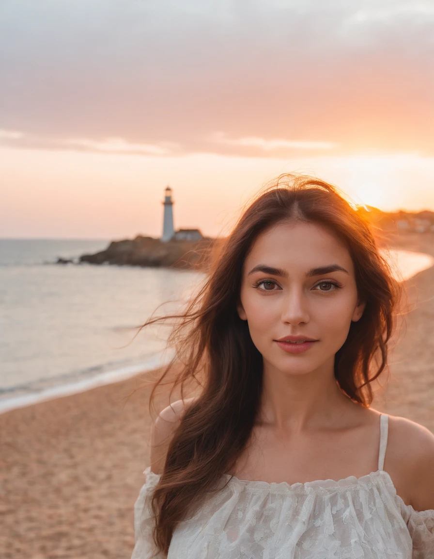 a woman takes a  selfie on a beach at sunset, the wind blowing through her messy hair.   The sea stretches out behind her，lighthouse，Coastal , creating a stunning aesthetic and atmosphere ，35 mm lens, accent lighting, global illumination