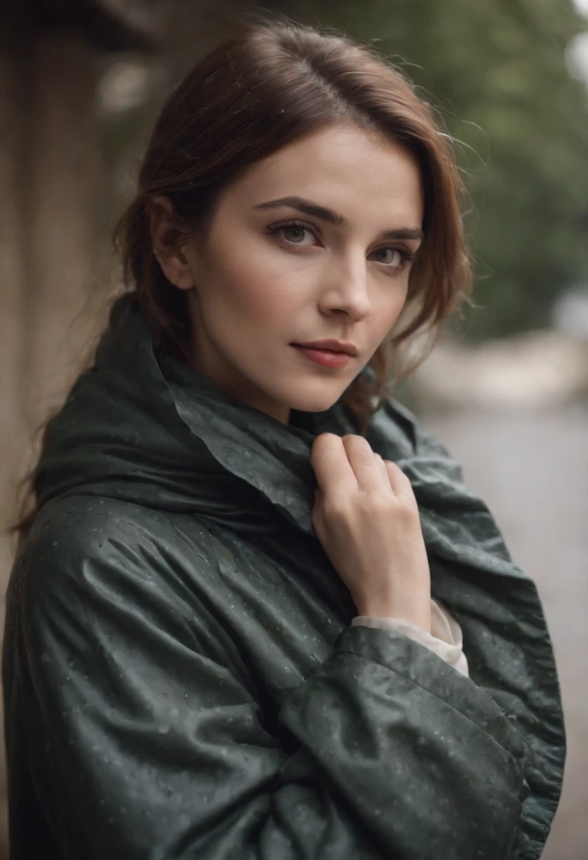 a woman wearing raincoat, in the style of detailed atmospheric portraits, uhd image, serene faces, dotted, close-up, romantic chiaroscuro, classical portraiture --ar 245:368 --v 5.1 --style raw