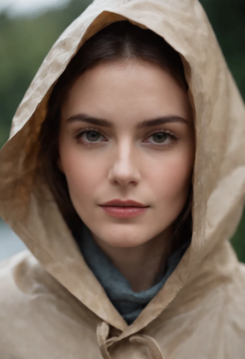 a woman wearing raincoat, in the style of detailed atmospheric portraits, uhd image, serene faces, dotted, close-up, romantic chiaroscuro, classical portraiture --ar 245:368 --v 5.1 --style raw