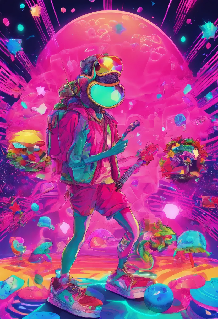Manhwa Style,anthropomorphic turtle,o cachorrinho,Rock puppy,Trendy clothing,wears dark glasses,plays the guitar,Madness,Crazy twisted body,Fluttering musical symbols,ball room,lamplight,Spotlights,8K,super-fine,full bodyesbian,best qualtiy,独奏