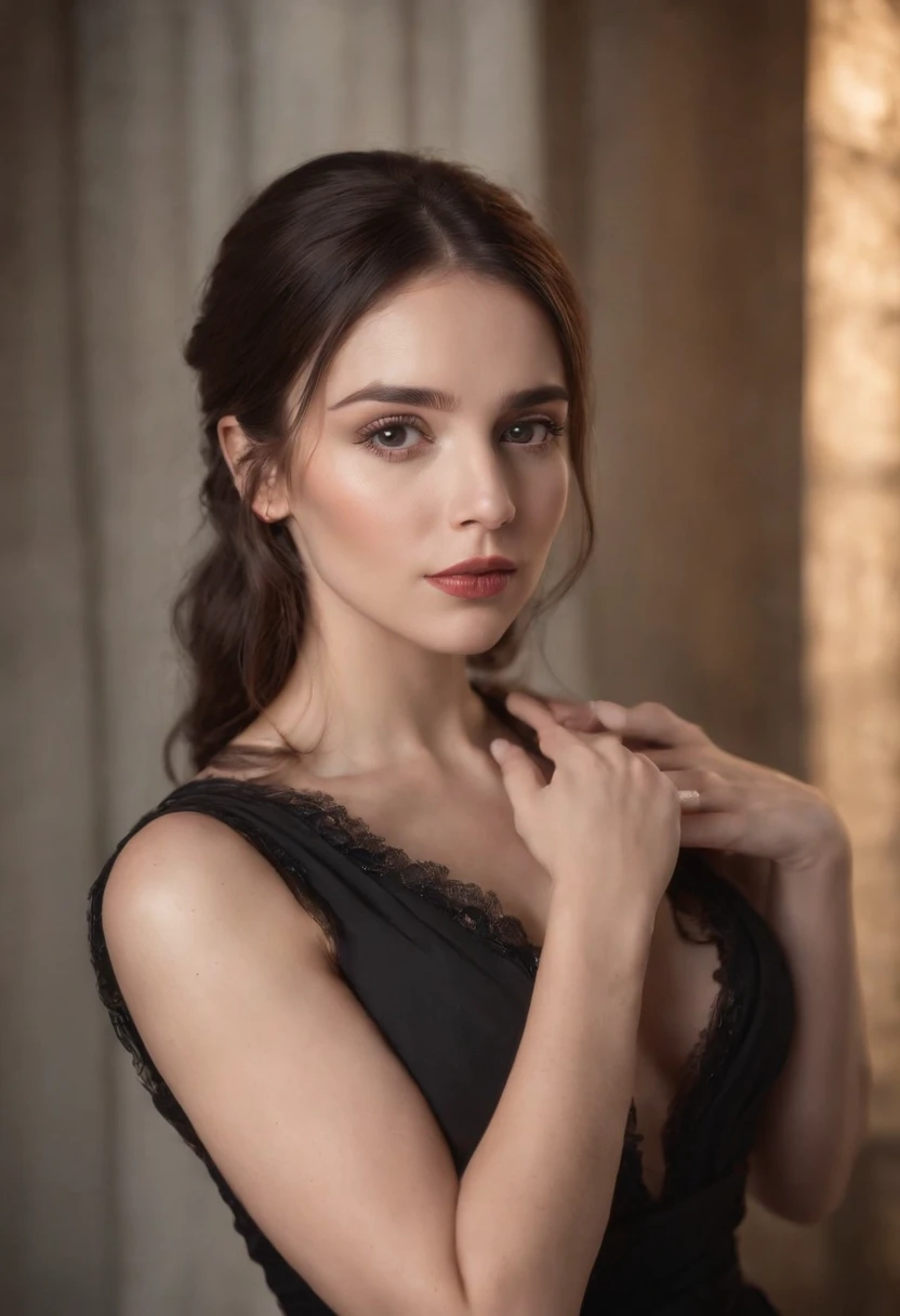 woman in black dress, sensual pose, medium shot, ultra fine details style, high quality photo, 75mm f/2.4