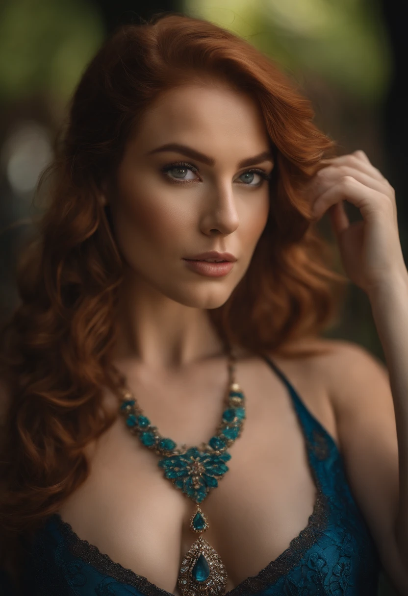 (Fujifilm XT3 35mm), Portrait photo of a Beautiful woman with auburn hair and large breasts wearing an intricate halter dress, wearing jewelry, detailed, 8k uhd, dslr, high quality, film grain, (sharp focus:1.1)