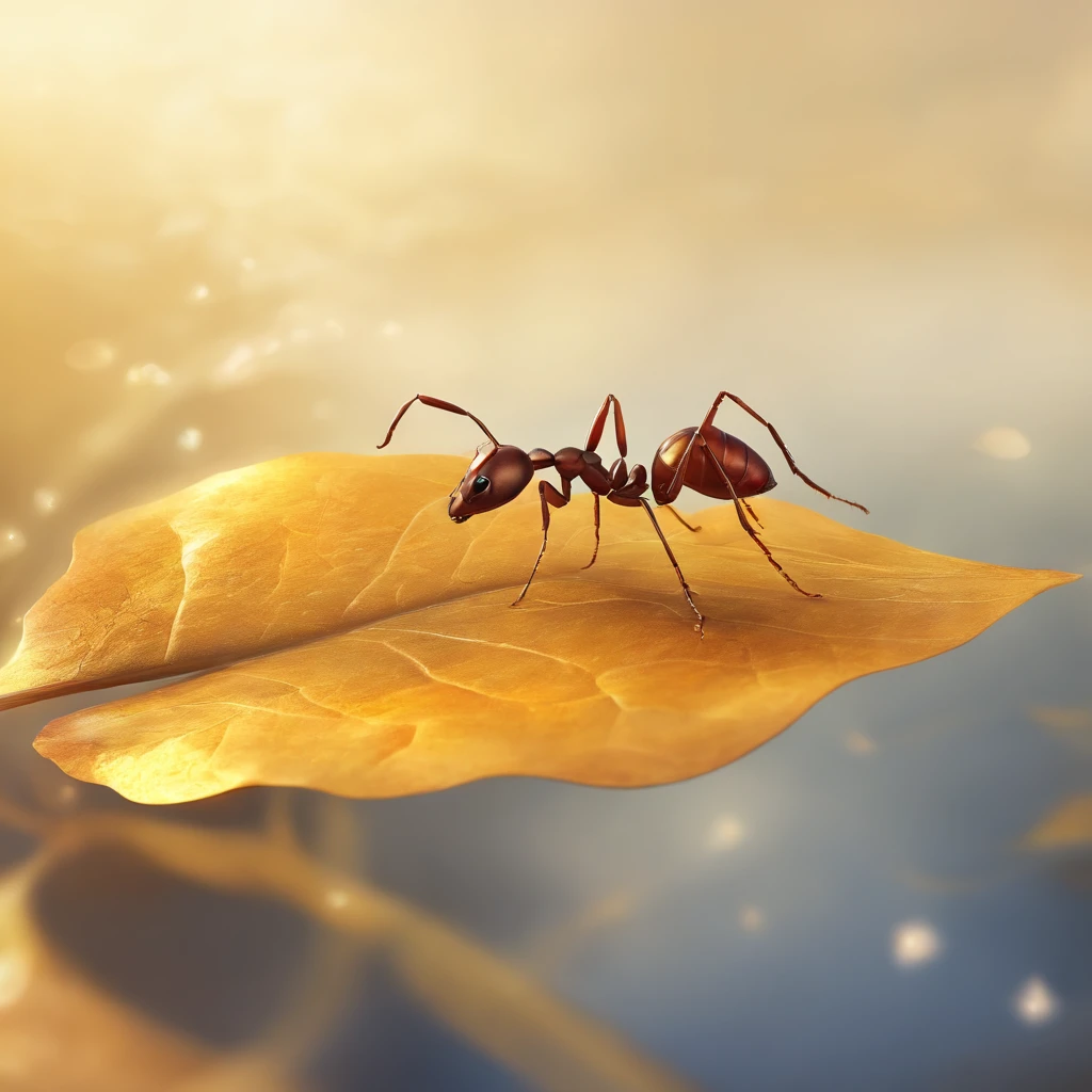 an ant standing on a piece of a golden floating leaf in the air