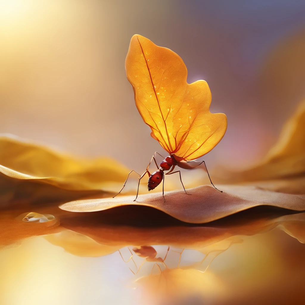 an ant standing on a piece of a golden floating leaf in the air