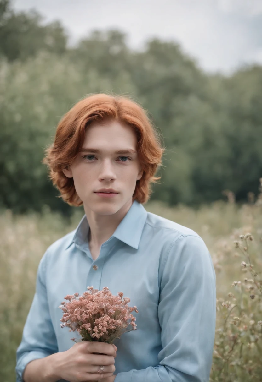 red-haired age boy in a sky blue formal shirt, 70s style, holding a flower in his hand, romantic look, half length shot, front lighting, background with tapestry of tiny flowers, high quality photo