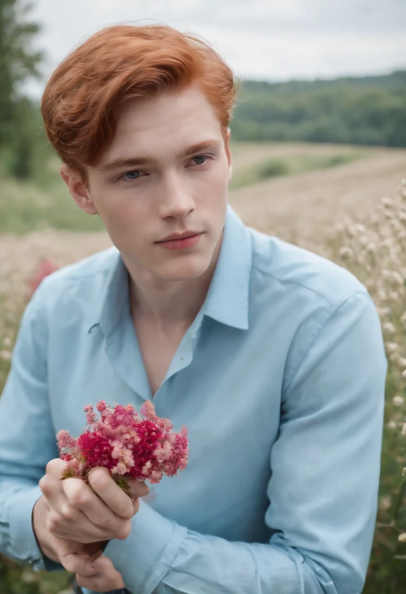 red-haired teenage boy in a sky blue formal shirt, 70s style, holding a flower in his hand, romantic look, half length shot, front lighting, background with tapestry of tiny flowers, high quality photo