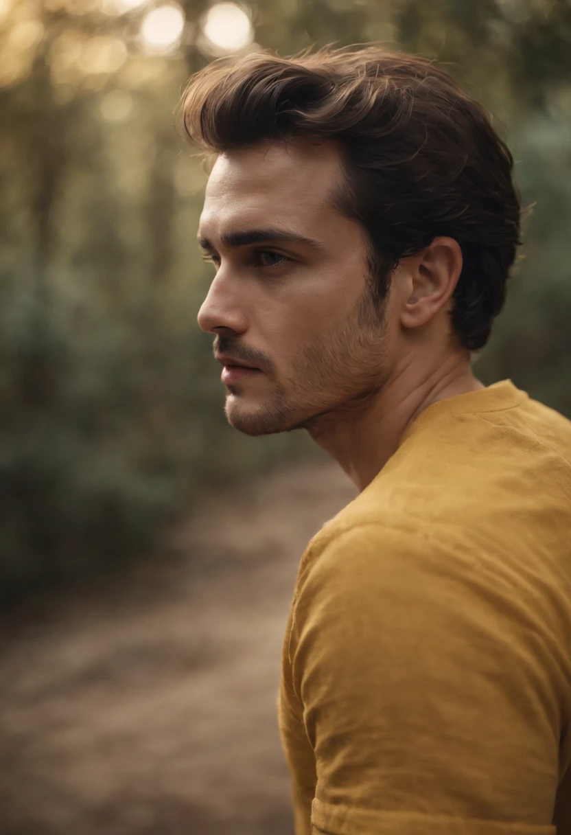 man in yellow shirt , in the style of alessio albi, luminous shadows, douglas smith, soft-focus portraits, fatima ronquillo, distinctive noses, dark, foreboding colors