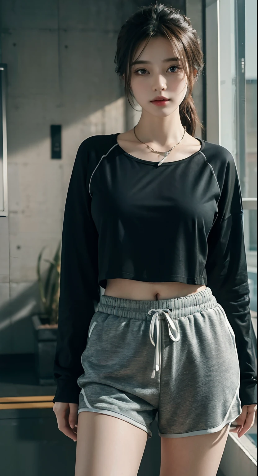 ((masterpiece)), ((best quality)), ((highres)), ((extremely detailed CG unity 8k wallpaper)) jogging short pants, reglan shirt, neckless, large breast, 25yo
